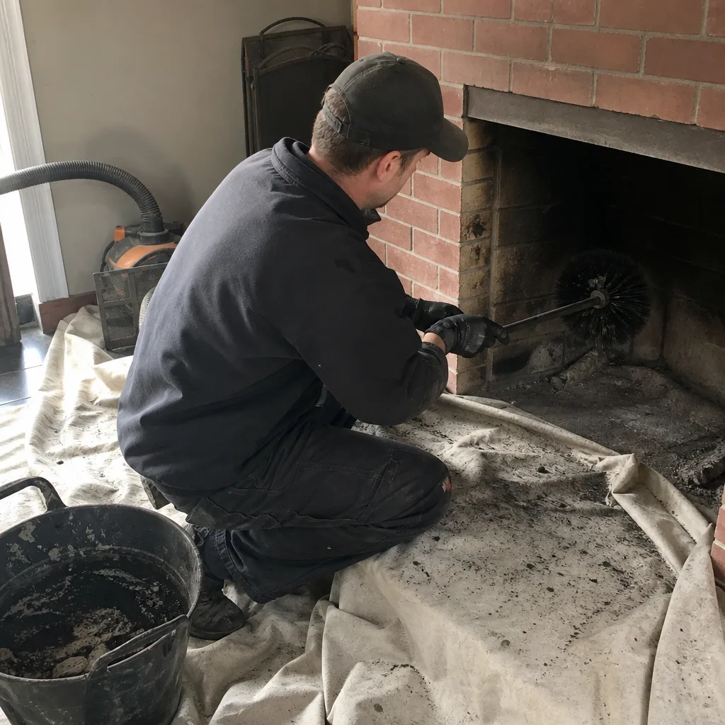 Professional chimney sweep cleaning a brick fireplace with a specialized brush