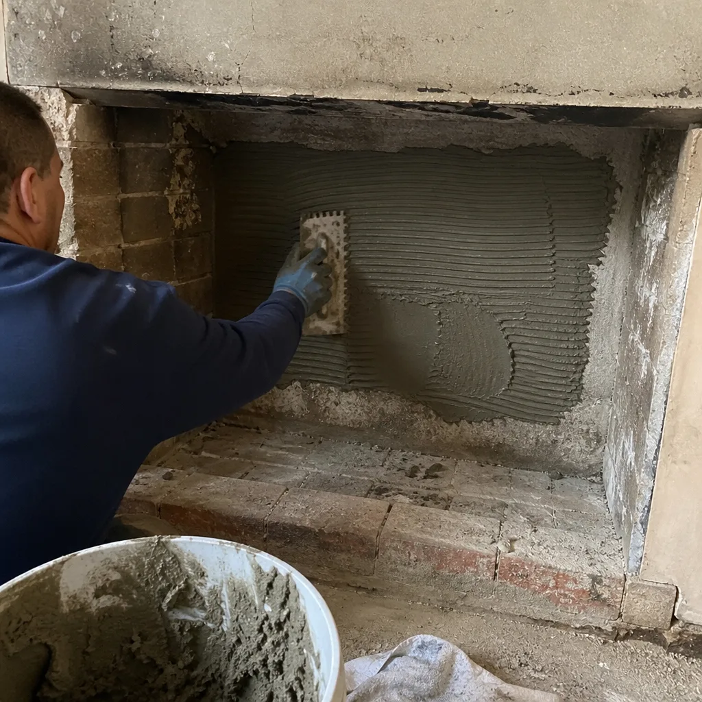 Professional contractor applying mortar to a fireplace wall during repair