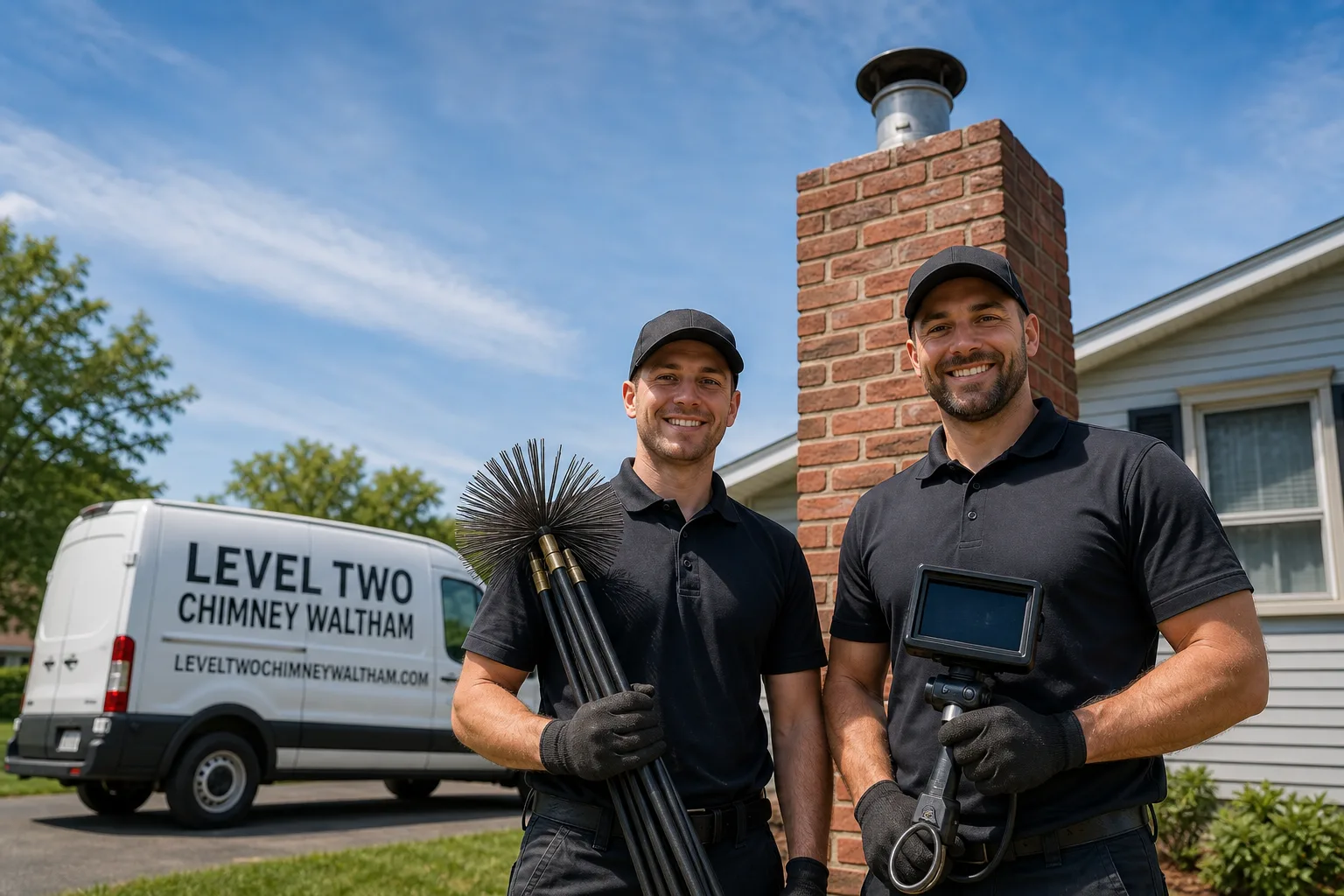 Emberly Chimney Cleaners Waltham chimney cleaning service vehicle and crew in Waltham, MA